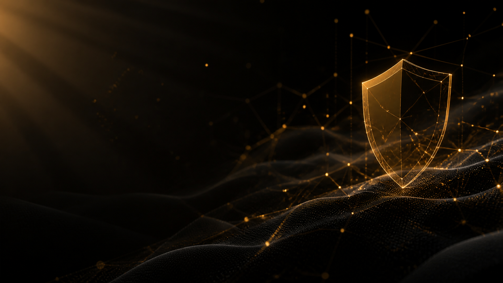 Ilustração abstrata de um escudo dourado conectado a uma rede de dados sobre fundo escuro