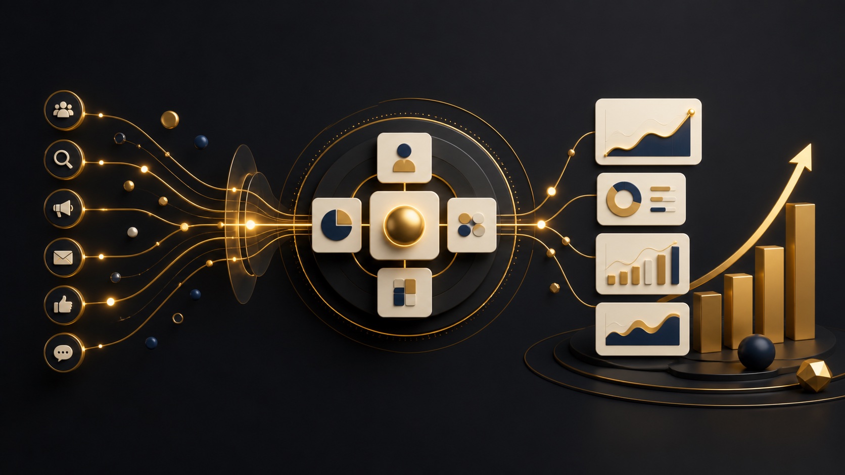 Ilustração de canais de aquisição conectados ao CRM e a indicadores de crescimento