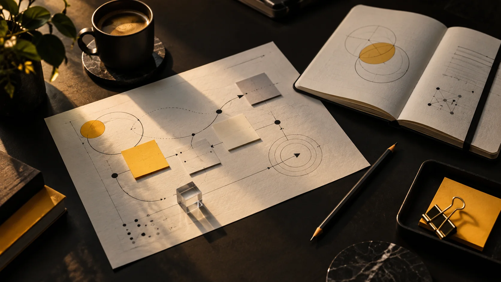 Composição editorial de uma mesa de trabalho com diagramas abstratos, representando estratégia, criatividade e análise.